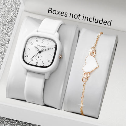 2PCS Fashion Arabic Dial Women Quartz Watch Heart Bracelet Set Square Silicone Strap Wristwatches Reloj Mujer (Without Box)