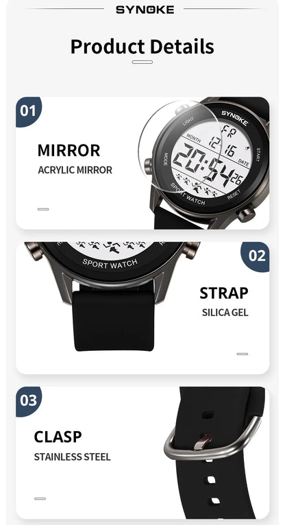 SYNOKE Men Outdoor Sports Multifunctional Waterproof Large Screen Display Luminous LED Digital For Men Fashion Silicon Watch