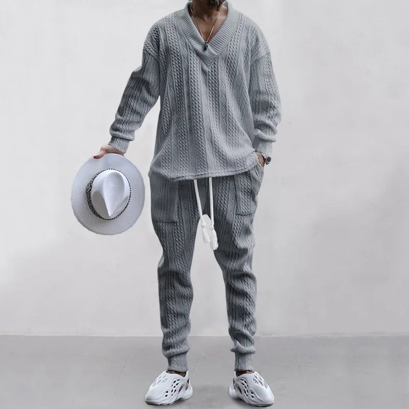 2025 Cross-border New Men's Casual Trousers V-Neck Versatile Jacquard Knitted Sweater Set