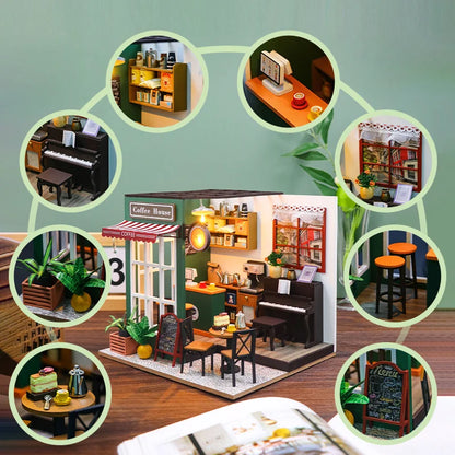 DIY 3D Puzzles Wooden Toy Miniature Dollhouse Handmade Doll House Model Building Kits Coffee House Toys For Xmas Gifts
