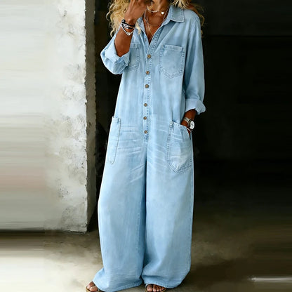 Casual Lapel Button Commute High Waist Romper Spring Summer Lady Playsuits Overalls Vintage Denim Long Sleeve Wide Leg Jumpsuits