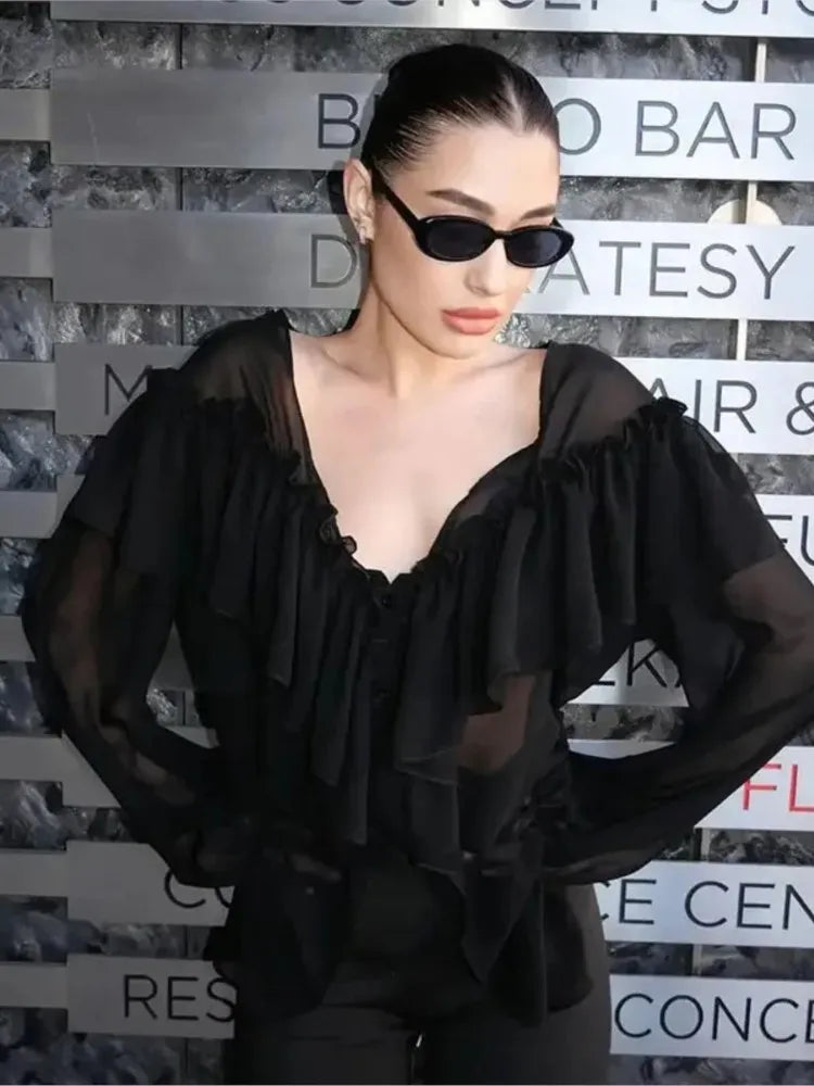 Sexy See-through Chiffon Top V-neck Long Sleeve Beach Party Shirt Trans-seasonal Women's Low Cut Shirt Ruffle Solid Color Tops