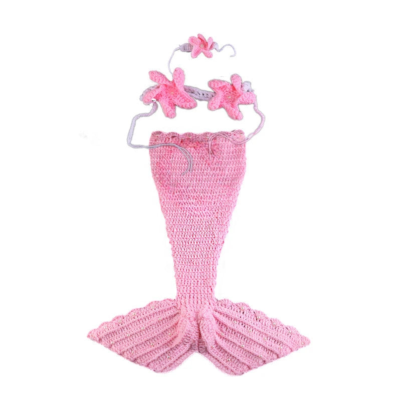 3Pcs Newborn Photography Props Baby Girl Crochet Mermaid Tail Outfit Handmade Photo Shoot Costume Bebe Headband Clothes Set