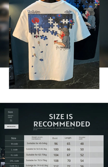 Fashionable men's T-shirt trend abstract artistic print summer loose combed cotton comfortable short sleeved top
