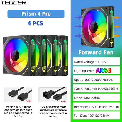 TEUCER Prism4 Pro ARGB Fan 120mm PC Case Fan Kit 4pin PWM CPU Cooling Fans 3pin 5v RGB 12cm Gaming Computer Fan