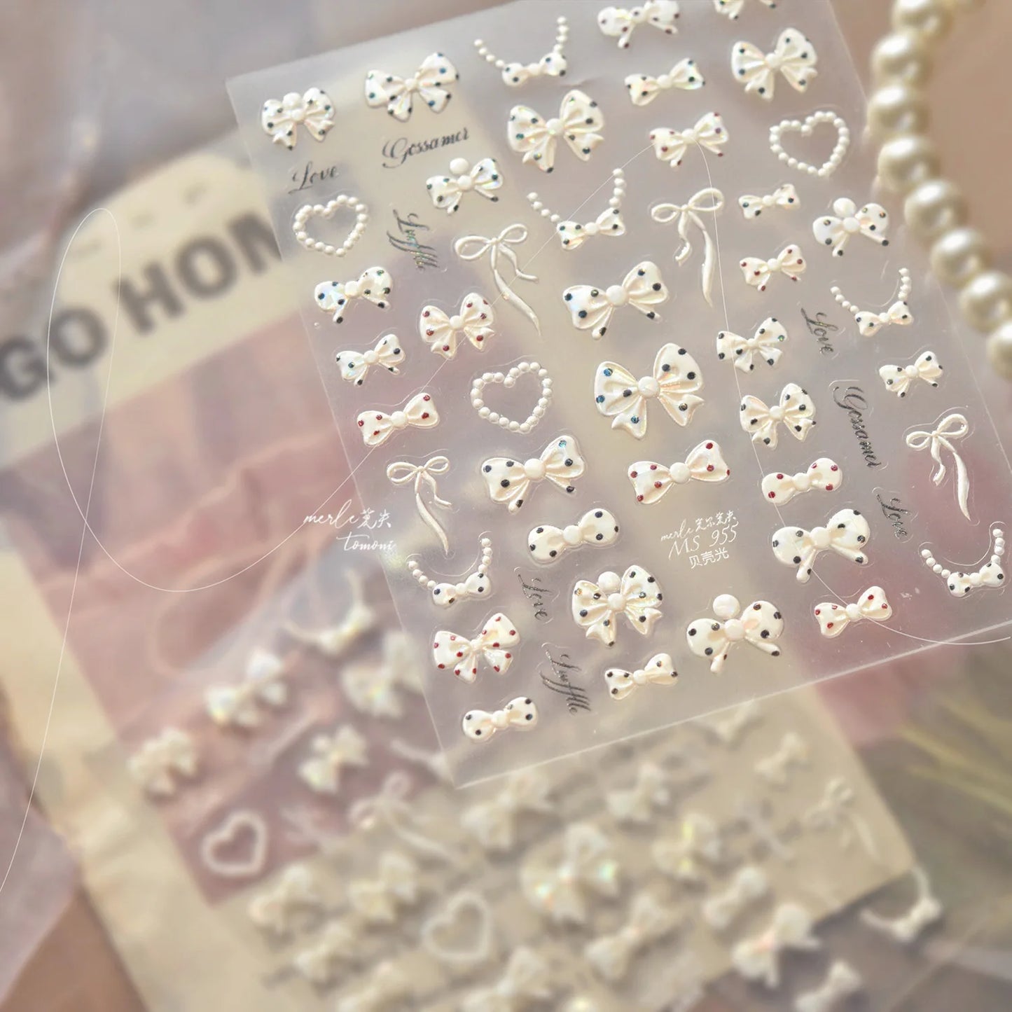 Shell Light Nail Stickers Small Fresh White Bow Ribbon Nail Charms Stickers Self Adhesive Nails 3D Decorations Parts DIY Decals