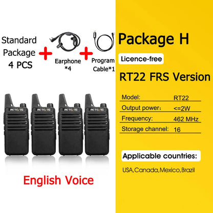 Retevis RT622 Mini Walkie Talkie 4 Pcs Walkie-talkies PMR446 FRS Portable Two Way Radio Communication Radio for Restaurant Hotel