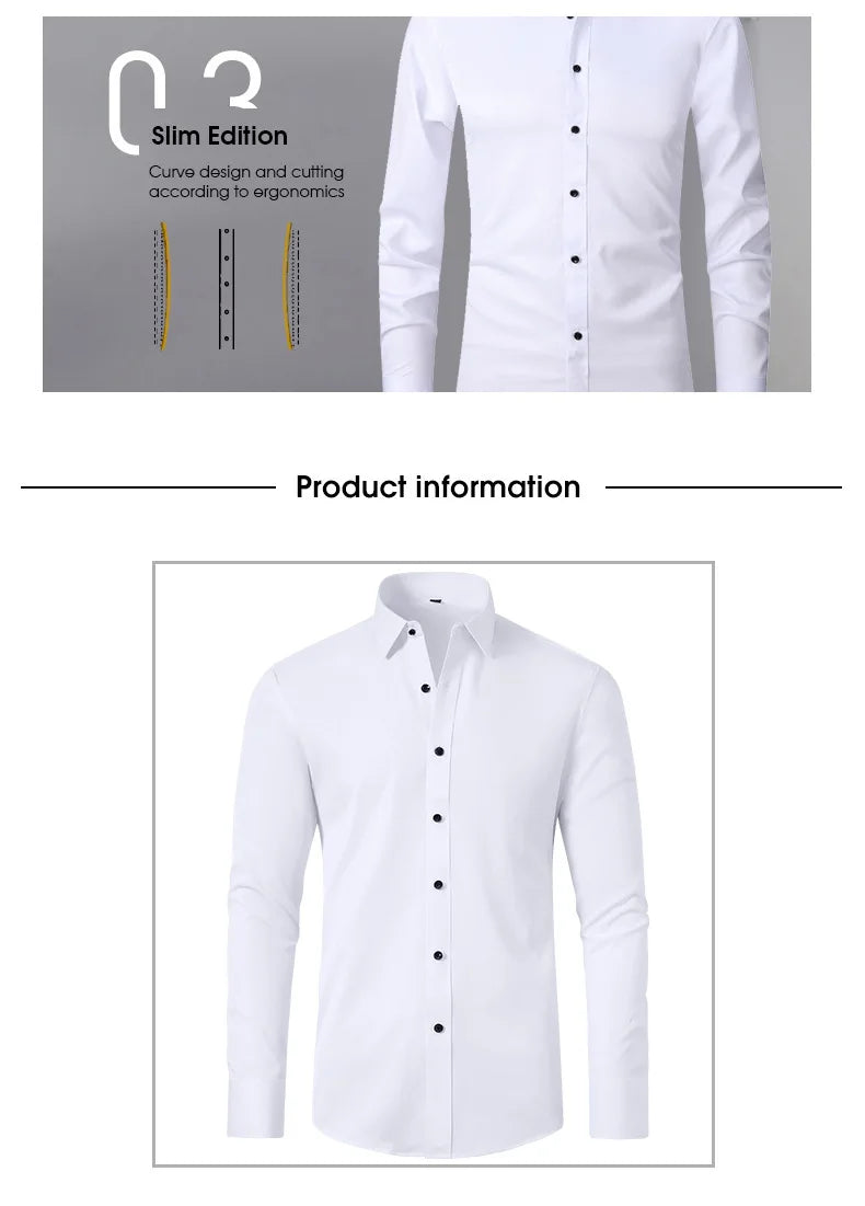 Men's long-sleeved shirt made of elastic fabric, wash-and-wear wrinkle-resistant business casual, silky smooth, pure color shirt