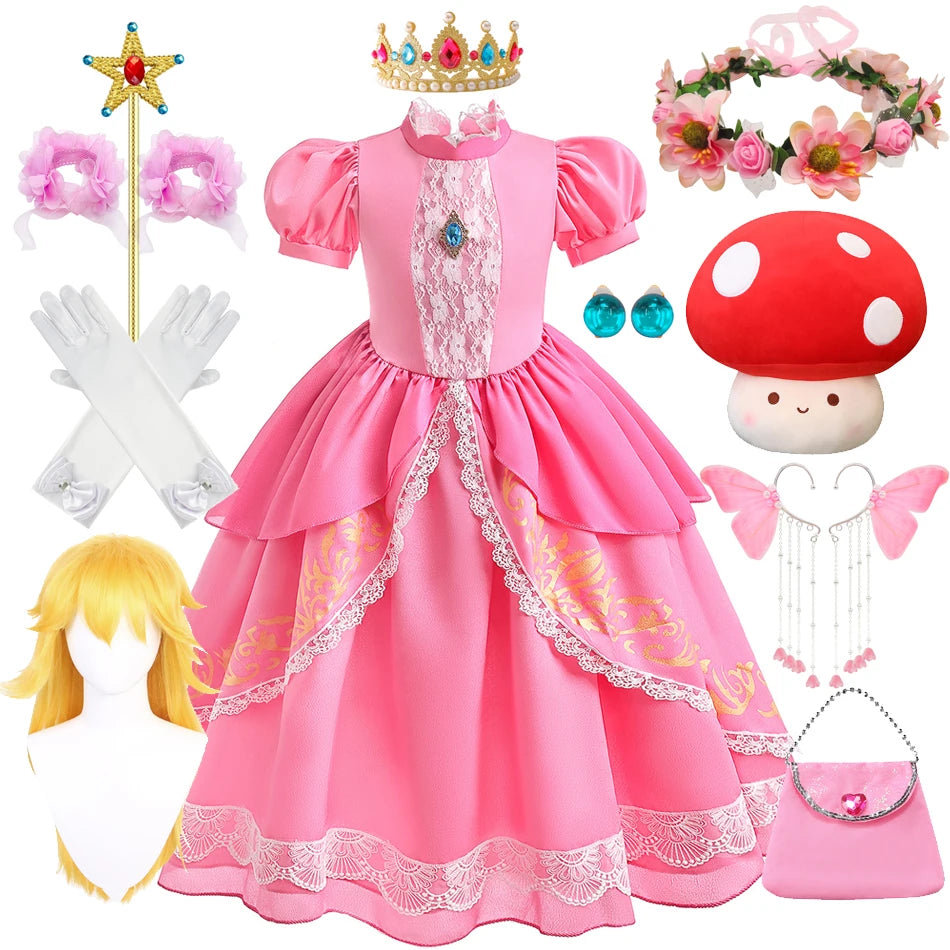 Peach Princess Costume with LED Color Light Toddler Birthday Game Role Play Dress Girl Halloween Festival Gown Pink Lace 4-8 Y