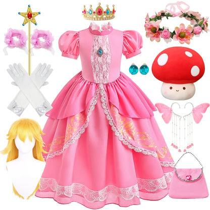 Peach Princess Costume with LED Color Light Toddler Birthday Game Role Play Dress Girl Halloween Festival Gown Pink Lace 4-8 Y