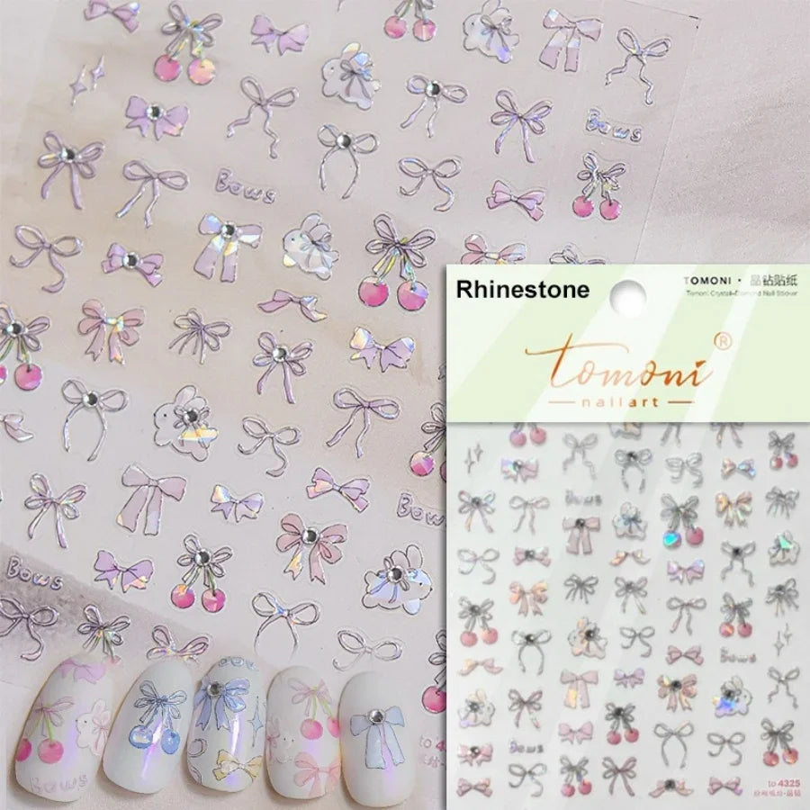 5D Cute Rabbit Love Heart Peach Blossom Flower Yellow Nail Art Stickers Bowknot DIY Self Adhesive Rhinestone Manicure Decals
