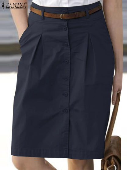 ZANZEA Woman Fashion OL Work Skirts Summer Elegant High Waist Skirt Female Casual Pleated Robe Vintage Buttons Up Faldas Saia