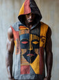 Ethnic Men's Summer Sleeveless linen Casual Pullover Hoodie Top 2025 Vintage Print V-neck Trendy Perspective Hoodie Sweatshirt