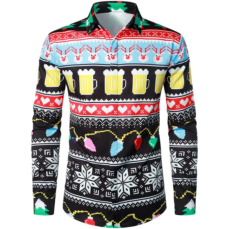 2026 Merry Christmas Lapel Blouse Funny Santa Claus Cosplay Graphic Long Sleeve Shirts For Men Clothes Bachelor Party Fake Suit