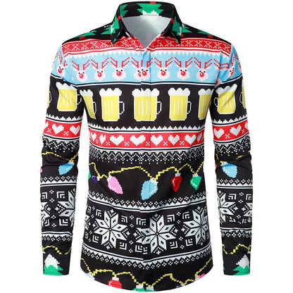 2026 Merry Christmas Lapel Blouse Funny Santa Claus Cosplay Graphic Long Sleeve Shirts For Men Clothes Bachelor Party Fake Suit