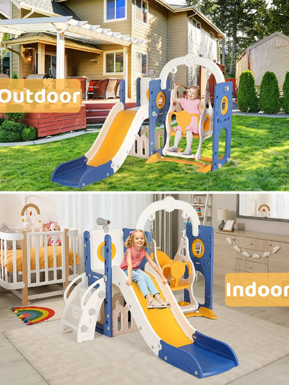 3-in-1 Toddler Slide Climber Playset, Freestanding Slide for Kids Indoor Outdoor Toy W/ Telescope, Tunnel, Basketball Hoop, Ball