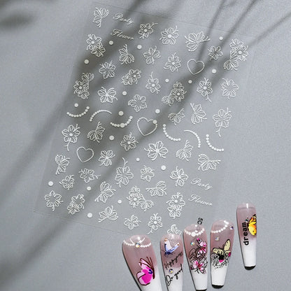 5D Hibiscus Flower Nail Embossed Sticker Lace Flower White Pink Petal Floral Self Adhesive Nail Art Slider DIY Elegant Romantic