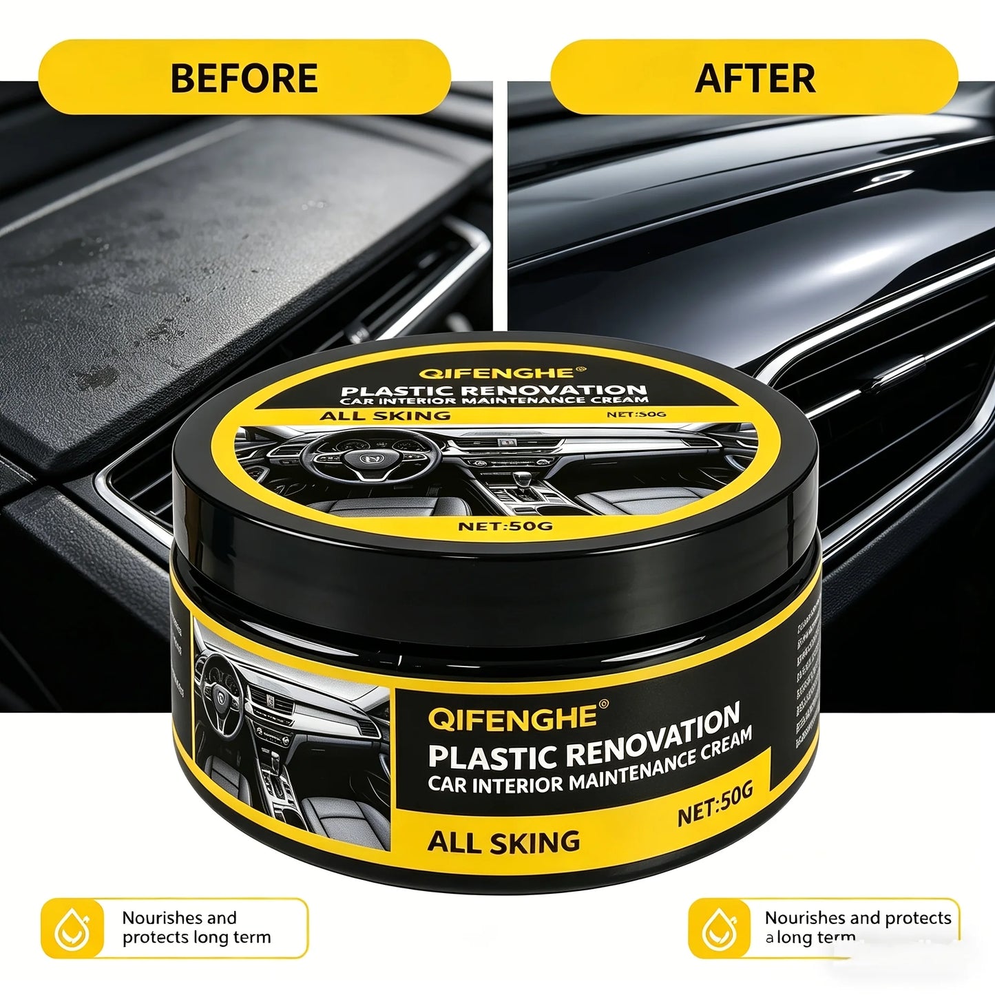 QIFENGHE Plastic Renovation Cream - Car Interior Plastic & Trim Restorer, Revives Faded Black Dashboard & Door Panels, Long-Last