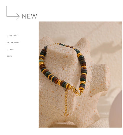Yhpup Colorful Natural Stone Beads Chain Handmade Bracelet Bangle Waterproof Bohemia Stainless Steel Y2K Trendy Jewelry Gift