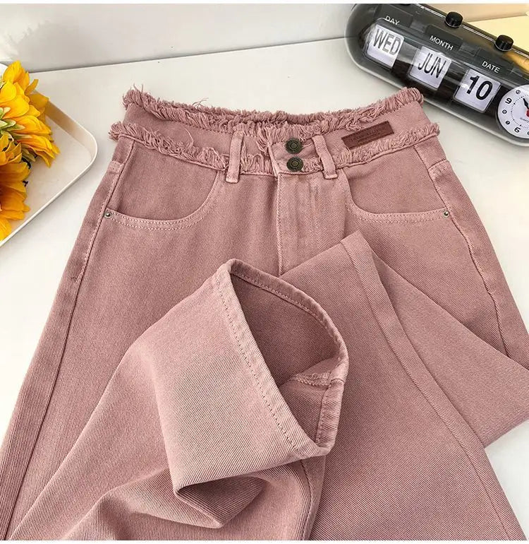 Korean Style Pink Jeans Women Spring Autumn High Waist Raw Edge Straight Denim Pants Simple Gentle All-matched Wide Leg Pants