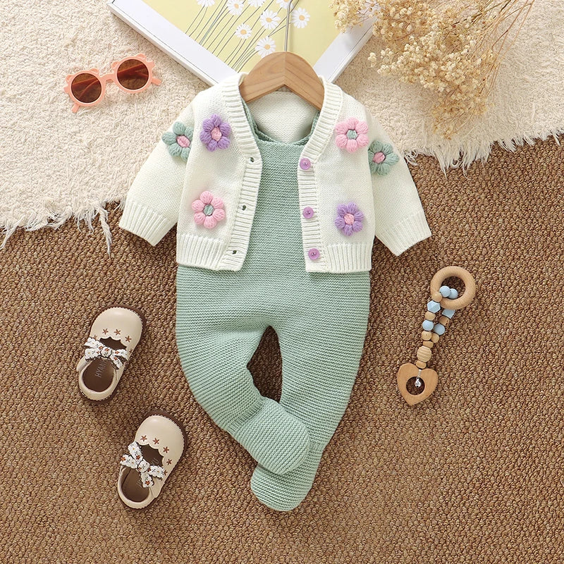 Winter Baby Girls Floral Clothes White V Neck Long Sleeve Sweaters Cardigans+Leggings Newborn Infant Outfits Sets 2pc Sport Suit