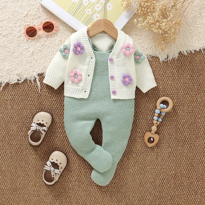 Winter Baby Girls Floral Clothes White V Neck Long Sleeve Sweaters Cardigans+Leggings Newborn Infant Outfits Sets 2pc Sport Suit