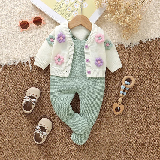 Winter Baby Girls Floral Clothes White V Neck Long Sleeve Sweaters Cardigans+Leggings Newborn Infant Outfits Sets 2pc Sport Suit