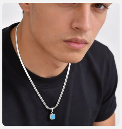 Vnox Geometric Square Natural Stone Pendant Necklace for Men, Gold Silver Color Stainless Steel Blade Chain, Trendy Jewelry Gift