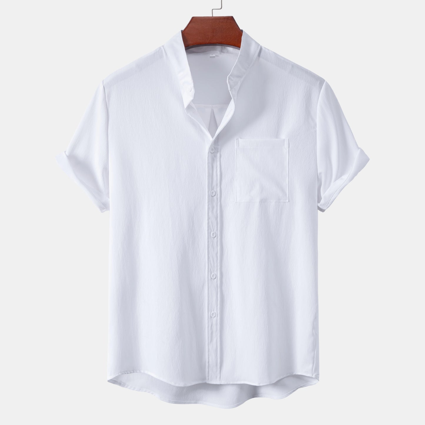 2026New men's short sleeved solid color standing collar cardigan casual shirt for foreign trade