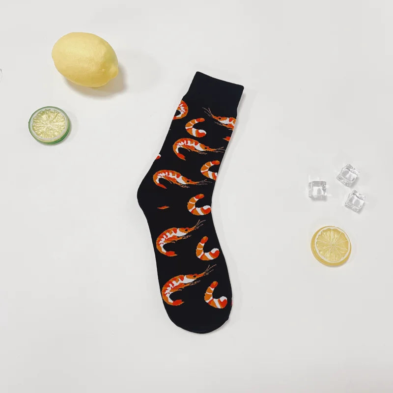 1 Pair Creative Shrimp Pattern，Casual Comfy Soft Mid-calf Men's Socks For Daily