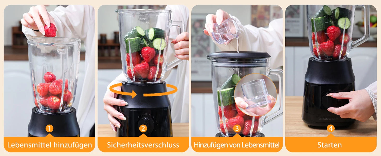 Aigostar Blender and Smoothie Maker, 1.5 Liter Glass Jar, Titanium-Coated Blades, Ice Crush Function, 2 Speeds + Pulse