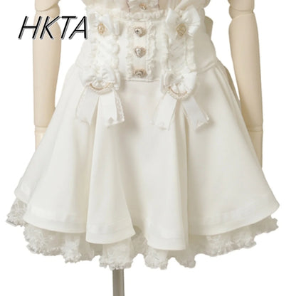 Japanese Liz Skirt High Waist Thin Kawaii Cute Bow Lolita Skirts Women Summer New Elastic High Waist Ruffle Short Pleated Skirt