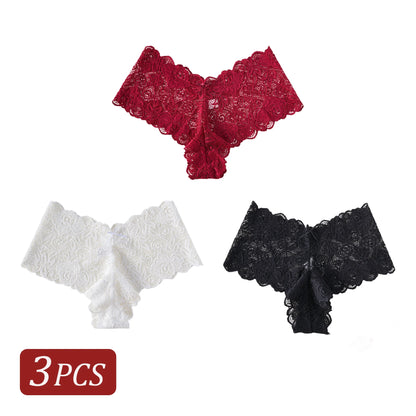 3PCS Elegant Women's Underwear V-shaped Waist Lace Floral Embroidery Panties Semi-Sheer Sexy Briefs Solid Color Lingerie