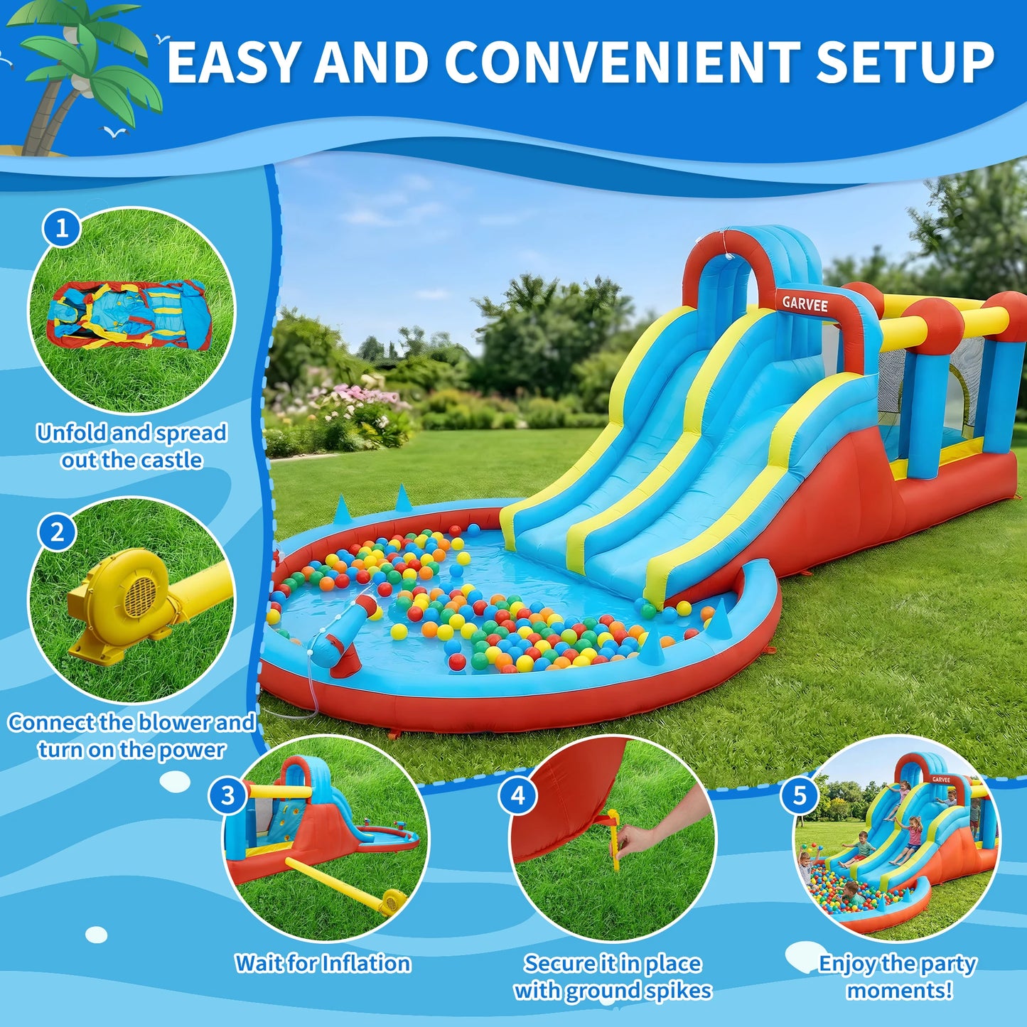 23FT All-Season Inflatable Water Slide Park, Kids Bounce House with Slide, Water Squirter, Climbing Wall and Pool for Backyard Outdoor Use