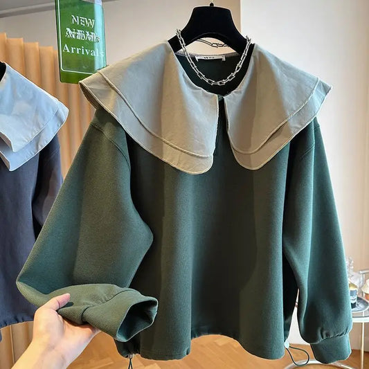 Women Trend Double-Layer Peter Pan Collar Cute Sweet Sweatshirt Casual Streetwear Y2K Oversized Hoodie Long Sleeve Pullover Tops