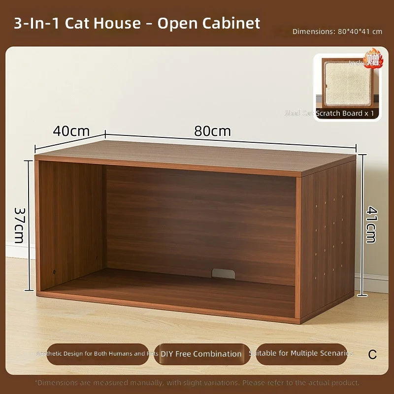 Triple-Function Cat House with Litter Box & Storage,Human-Pet Shared Furniture,Cat Tree Hut, Indoor Cat Den,Multi-Level Cat Fort