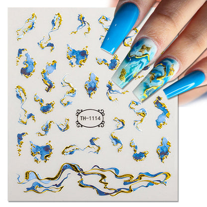 Golden Wave Line 3D Nail Sticker Marble Blue Geometry Abstract Nail Art Sliders Silver French Liner Decals Manicure Decorations