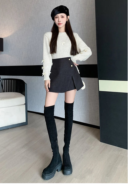 Autumn Winter Tweed Skirts Shorts Women Fashion Streetwear Cross Irregular Booty Shorts Pink Black Culottes Wide Leg Short Pants