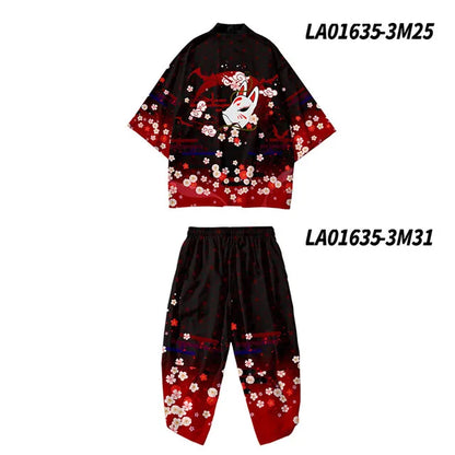 Large Size 5XL 6XL Japanese Kimono Cardigan Pants Set Print Fox Men Women Shirt Tradition Yukata Haori Obi Cosplay Costume