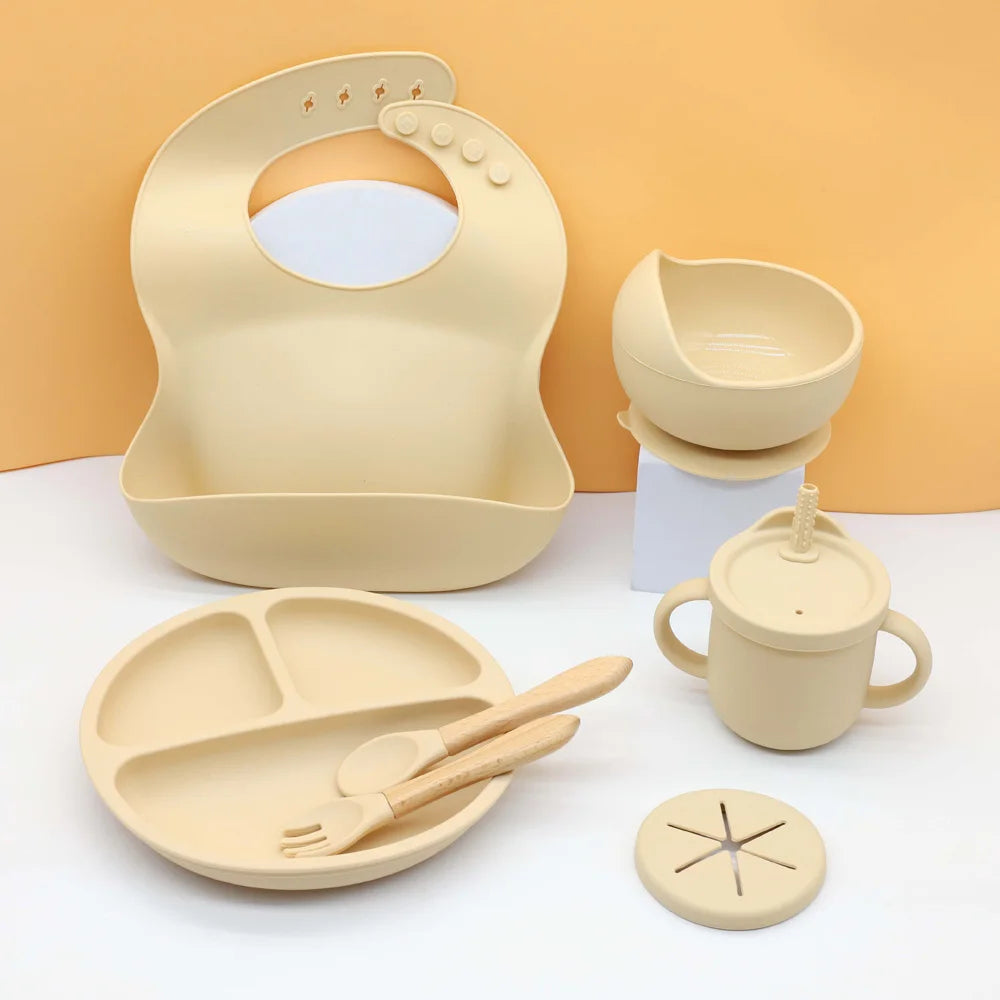 7pcs baby silicone tableware set, bib, dining plate, bowl with suction cup, 2-in-1 water cup, snack cup, wooden spoon and fork