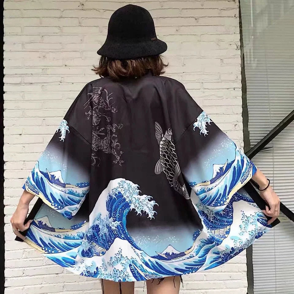 Large Size 5XL 6XL Japanese Kimono Cardigan Pants Set Print Fox Men Women Shirt Tradition Yukata Haori Obi Cosplay Costume
