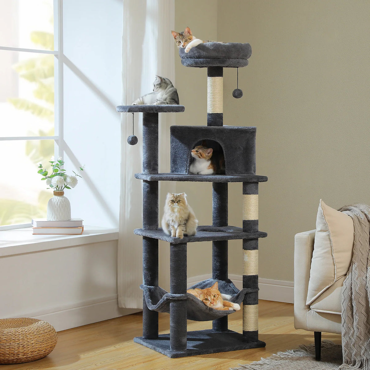 Multi-Level Cat Tree for Indoor Cats Large Cat Tower with Cozy Condo Hammock Sisal Scratching Posts Cat Scratchers Bed Cat Toys