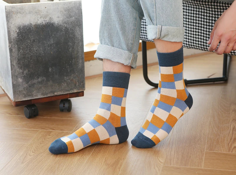 5 Pairs/Lot Combed Cotton Men's Socks Compression Fashion Colorful Square Happy Dress Men Casual Business Grid Gentleman British