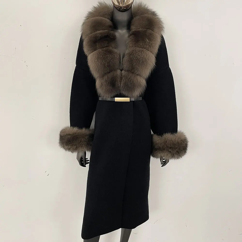 Long Knitwear Coat Women Warm Belt Real Fox Fur Jacket Female 2024 New Autumn Winter Kintted Natural Fur Coat Women