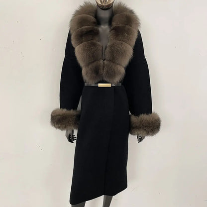 Long Knitwear Coat Women Warm Belt Real Fox Fur Jacket Female 2024 New Autumn Winter Kintted Natural Fur Coat Women