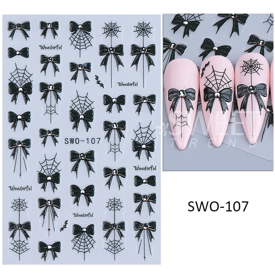 1/3pcs 3D Halloween Nail Stickers Pumpkin Ghost Spider Skull Design Bow  Flower Cute Cat Adhesive Slider Decals Manicure Decor