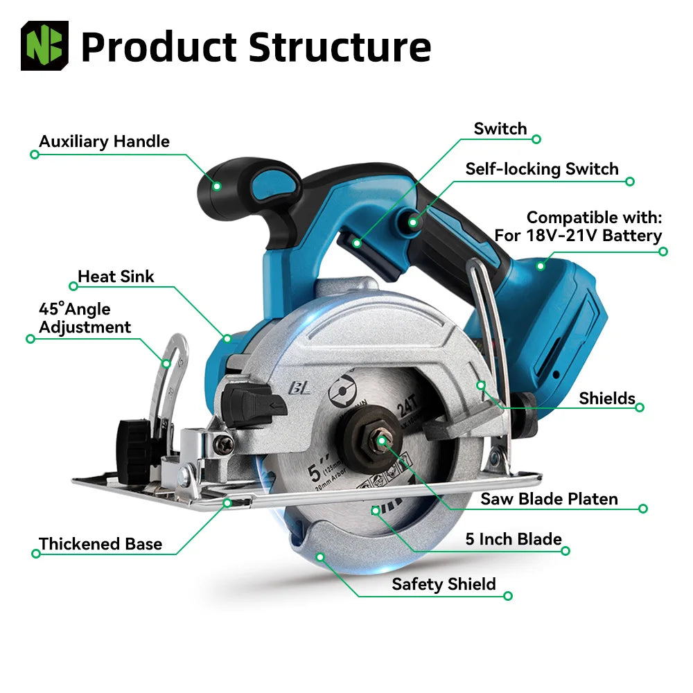 NEWBENY 5 Inch 125MM Brushless Circular Saw Cordless Electric Saw Multifunction Wood Cutting Power Tool for Makita Battery Pin
