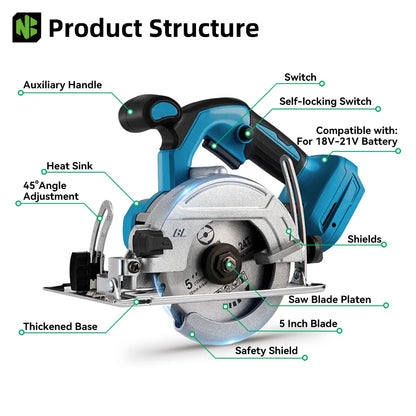 NEWBENY 5 Inch 125MM Brushless Circular Saw Cordless Electric Saw Multifunction Wood Cutting Power Tool for Makita Battery Pin