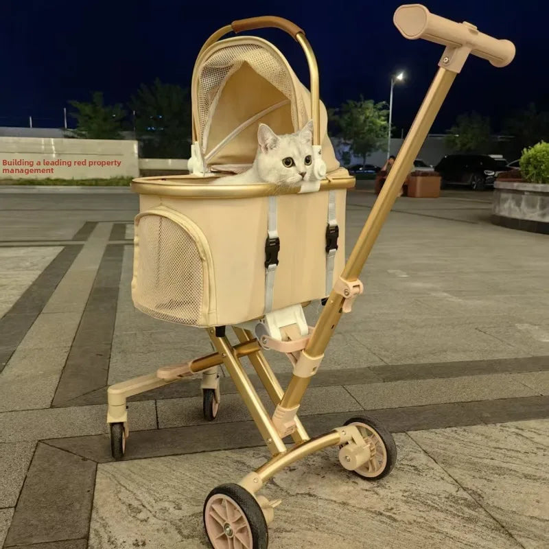 Rose Gold Pet Stroller Fashion Lightweight Foldable Detachable Carrier Bag Dog Cat Travel Cross Border Pet Stroller Dog Trolley