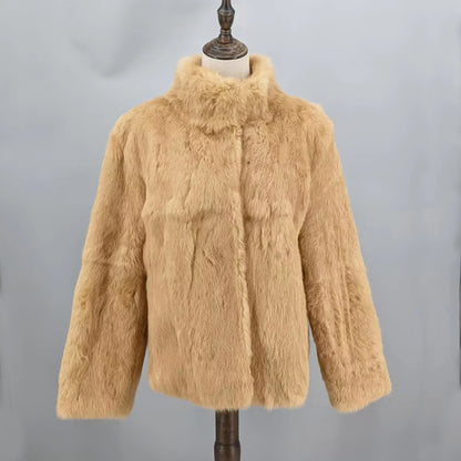 Women Real Rabbit Fur Coat High Collar Winter Jacket Make of One Rabbit Fur Cross Mink Pattern